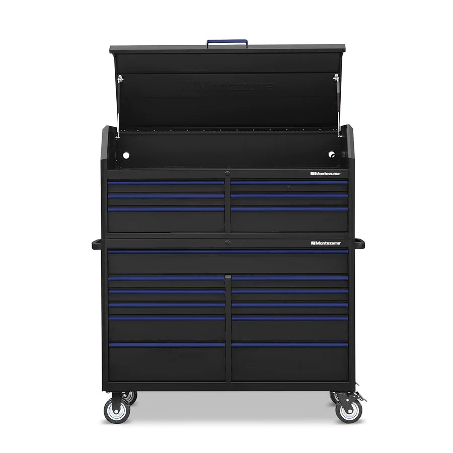 Montezuma 56 x 24 in. 17-Drawer Tool Chest and Cabinet Combo front, open