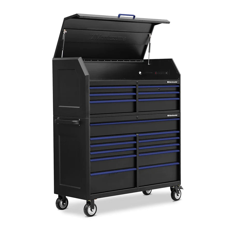 Montezuma 56 x 24 in. 17-Drawer Tool Chest and Cabinet Combo right, open