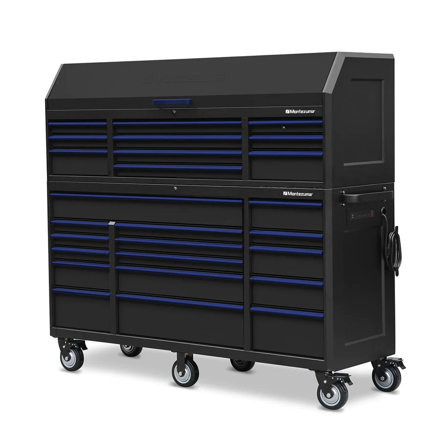 Montezuma 72 x 24 in. 26-Drawer Tool Chest and Cabinet Combo left, closed