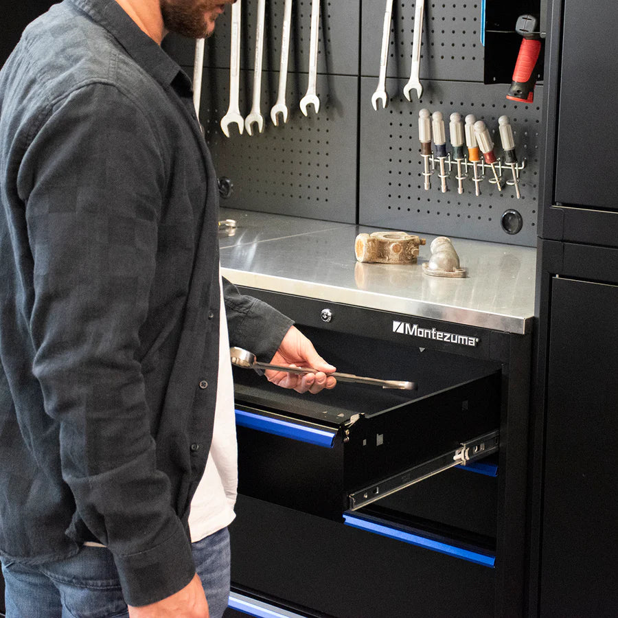 BKMG30244BC 4-Drawer Base Cabinet with Stainless Steel Worktop in use, drawer