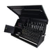 DX411B black toolbox with silver accents open with compatment