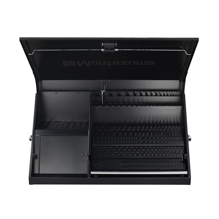 DX411B black toolbox with silver accents open, empty