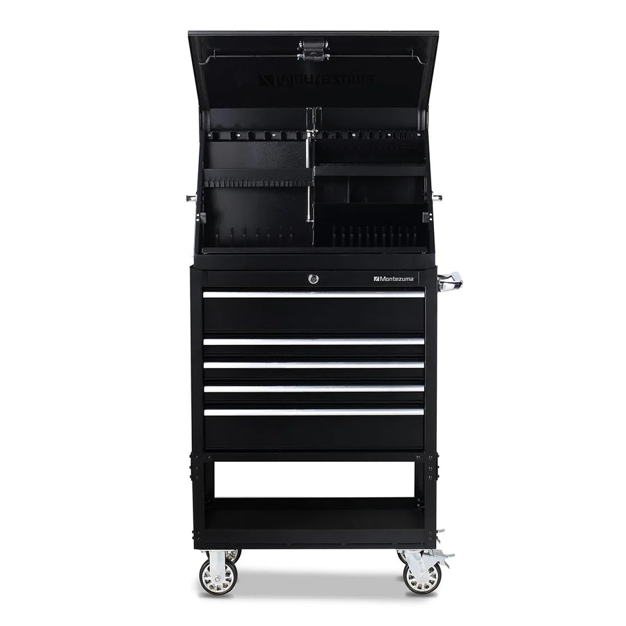 Montezuma 30 X 15 in. Steel Triangle® Toolbox and 30 in. 5-Drawer Utility Cart Combo front, open