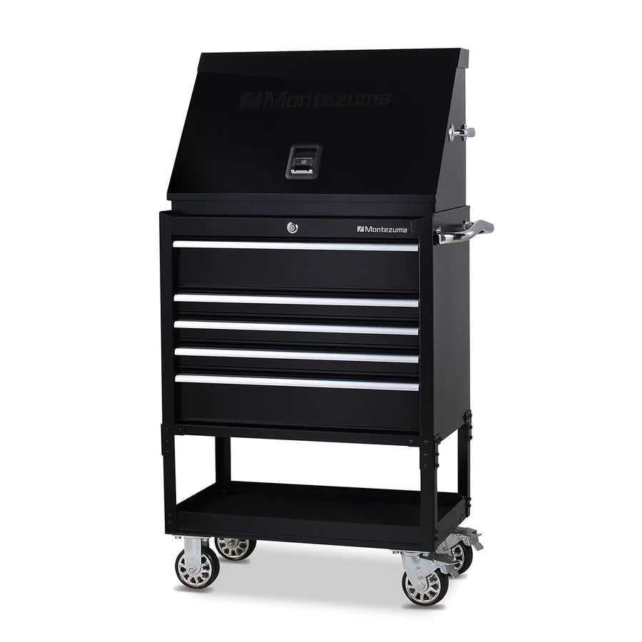 Montezuma 30 X 15 in. Steel Triangle® Toolbox and 30 in. 5-Drawer Utility Cart Combo left, closed