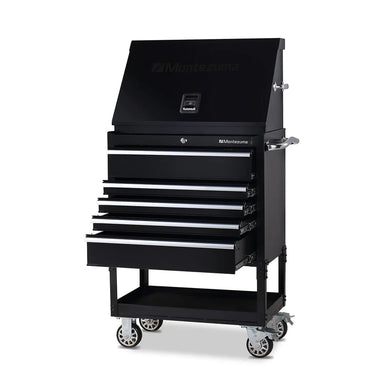 Montezuma 30 X 15 in. Steel Triangle® Toolbox and 30 in. 5-Drawer Utility Cart Combo left, drawers open