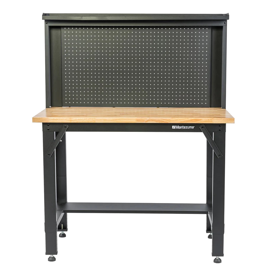 Montezuma 4' Adjustable Height Steel Workbench With Pegboard Back Wall front