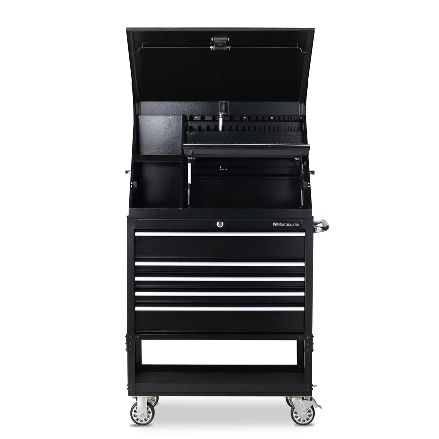 Montezuma 36 X 17 in. Steel Triangle® Toolbox and 36 in. 5-Drawer Utility Cart Combo front, all open