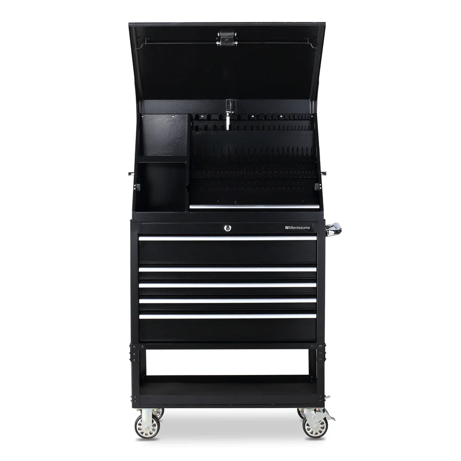 Montezuma 36 X 17 in. Steel Triangle® Toolbox and 36 in. 5-Drawer Utility Cart Combo front, toolbox open