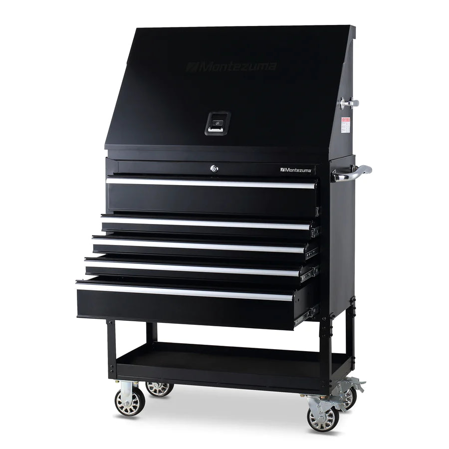 Montezuma 36 X 17 in. Steel Triangle® Toolbox and 36 in. 5-Drawer Utility Cart Combo left, drawers open