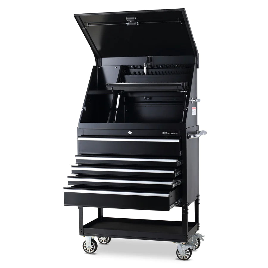 Montezuma 36 X 17 in. Steel Triangle® Toolbox and 36 in. 5-Drawer Utility Cart Combo left, all open